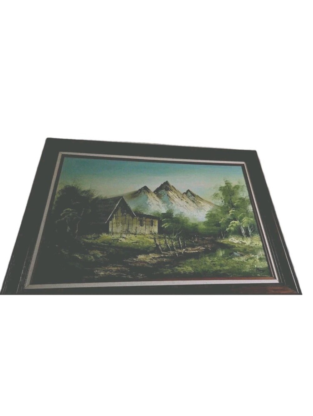 Landscape, Barn & Mountain Painting, Oil on Canvas, Signed Perry Art 36X24+frame